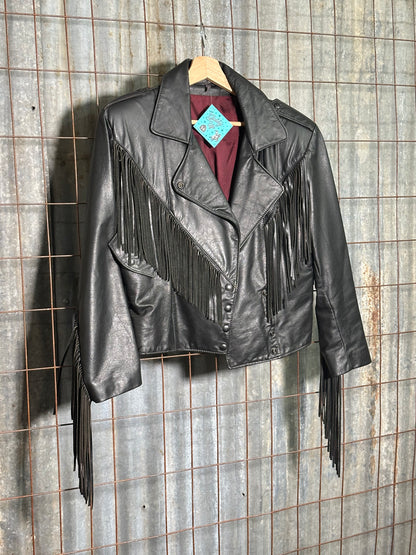 Vintage Black Fringe Leather Button Jacket