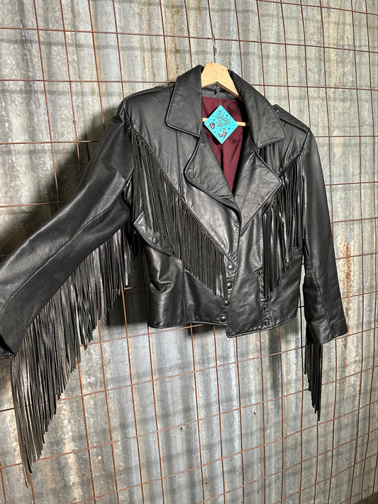 Vintage Black Fringe Leather Button Jacket