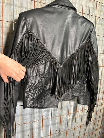 Vintage Black Fringe Leather Button Jacket