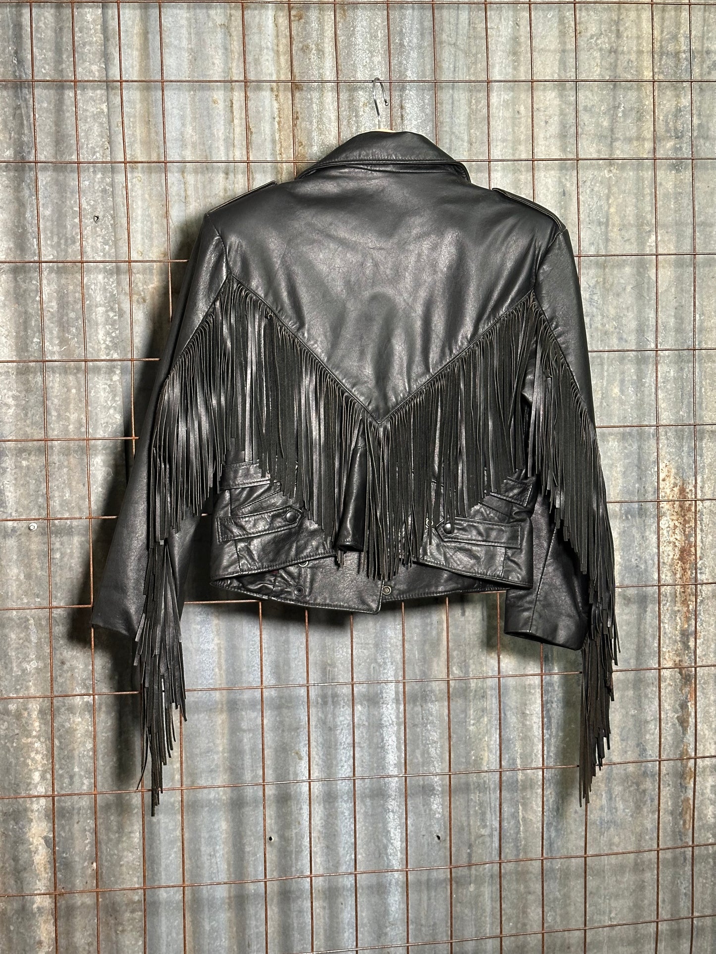 Vintage Black Fringe Leather Button Jacket