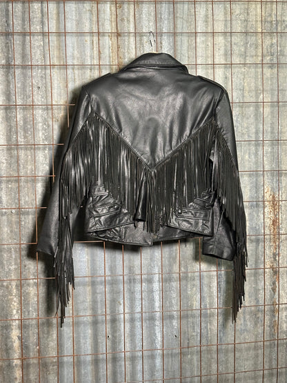Vintage Black Fringe Leather Button Jacket