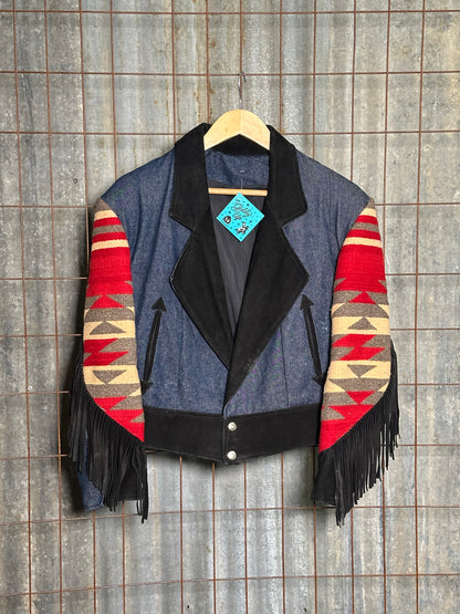 Vintage Handmade Denim Fringe Suede Woven Jacket