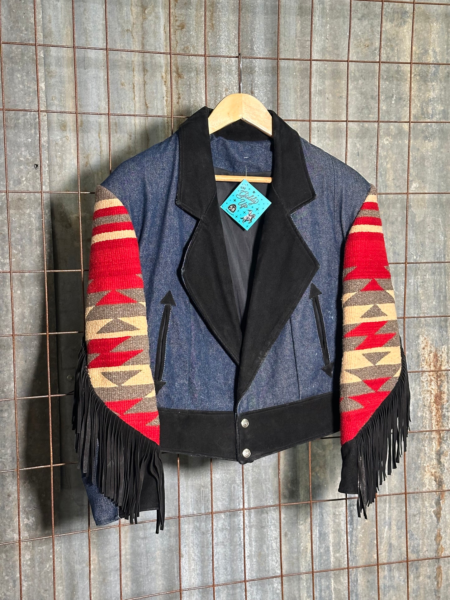 Vintage Handmade Denim Fringe Suede Woven Jacket