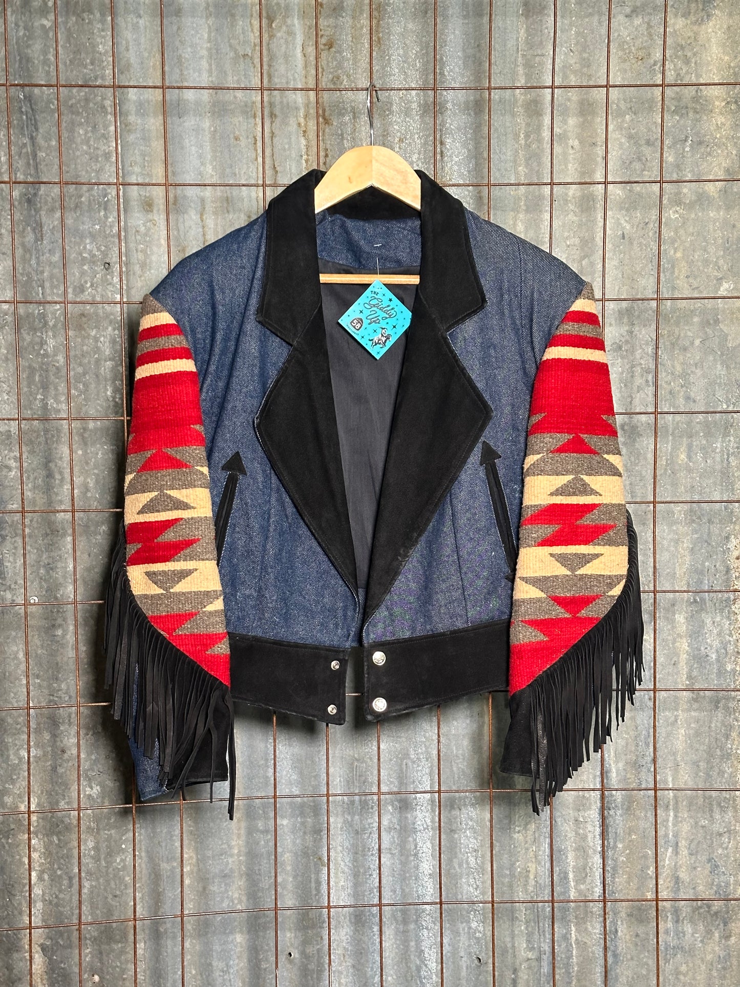 Vintage Handmade Denim Fringe Suede Woven Jacket
