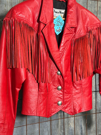 Vintage Red Leather Pioneer Wear Fringe Jacket