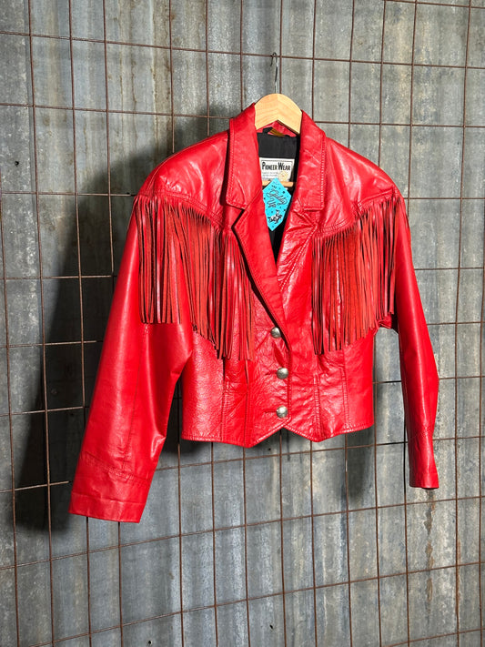Vintage Red Leather Pioneer Wear Fringe Jacket