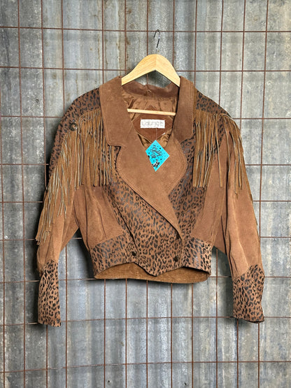 Vintage Animal Print Suede Fringe Jacket
