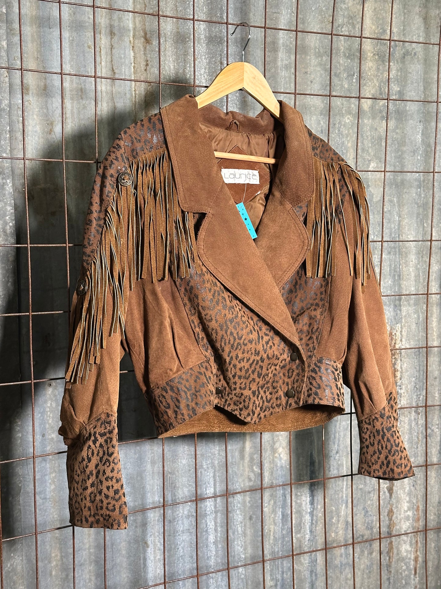 Vintage Animal Print Suede Fringe Jacket
