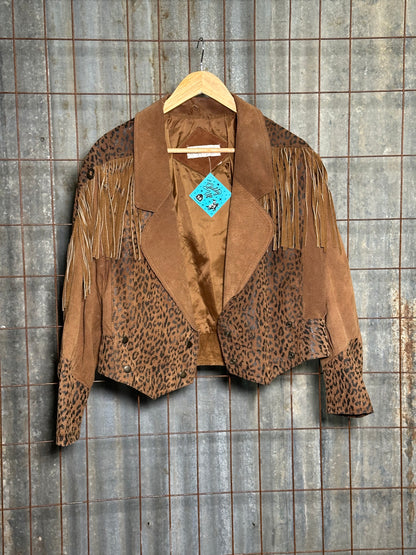 Vintage Animal Print Suede Fringe Jacket