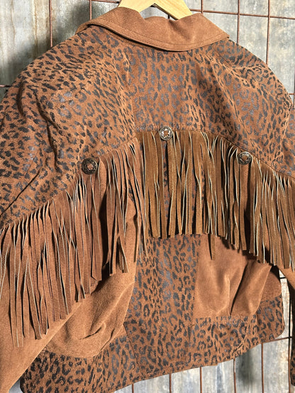 Vintage Animal Print Suede Fringe Jacket