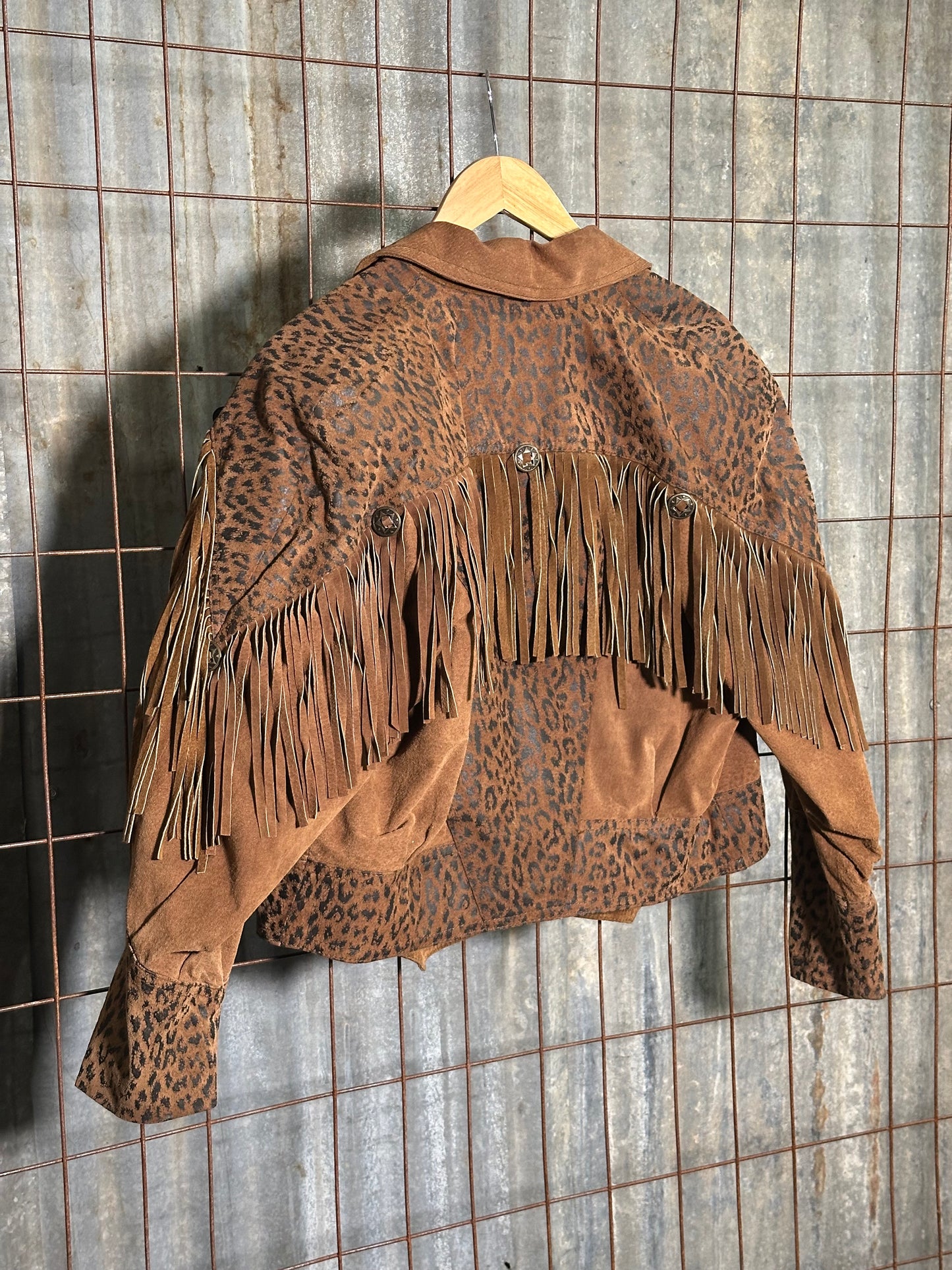 Vintage Animal Print Suede Fringe Jacket