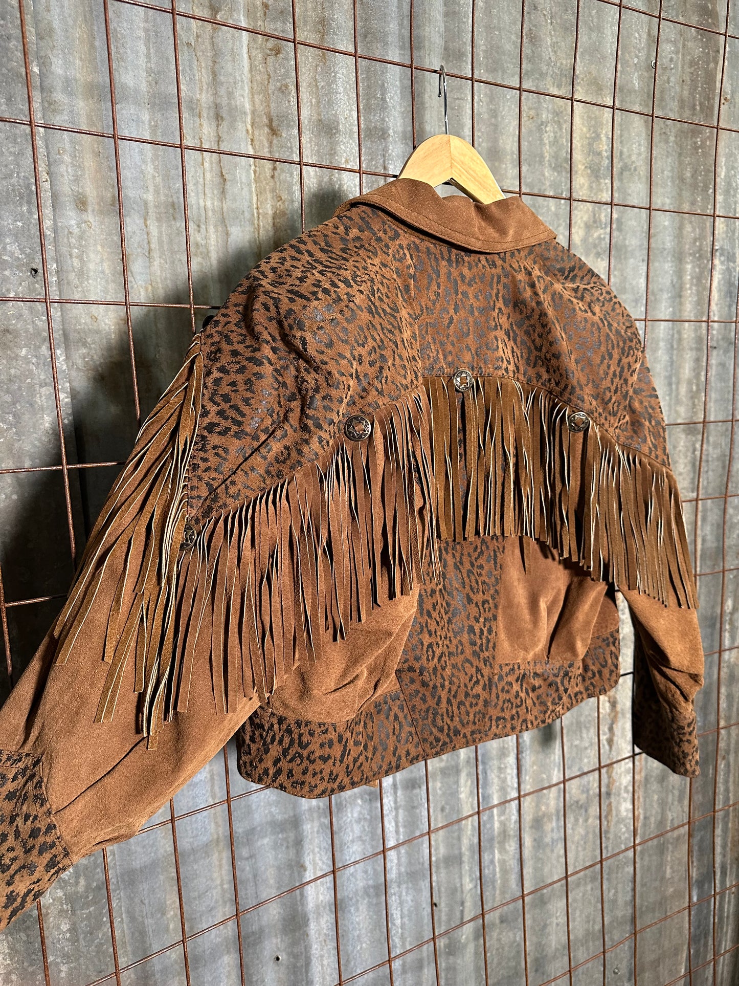 Vintage Animal Print Suede Fringe Jacket