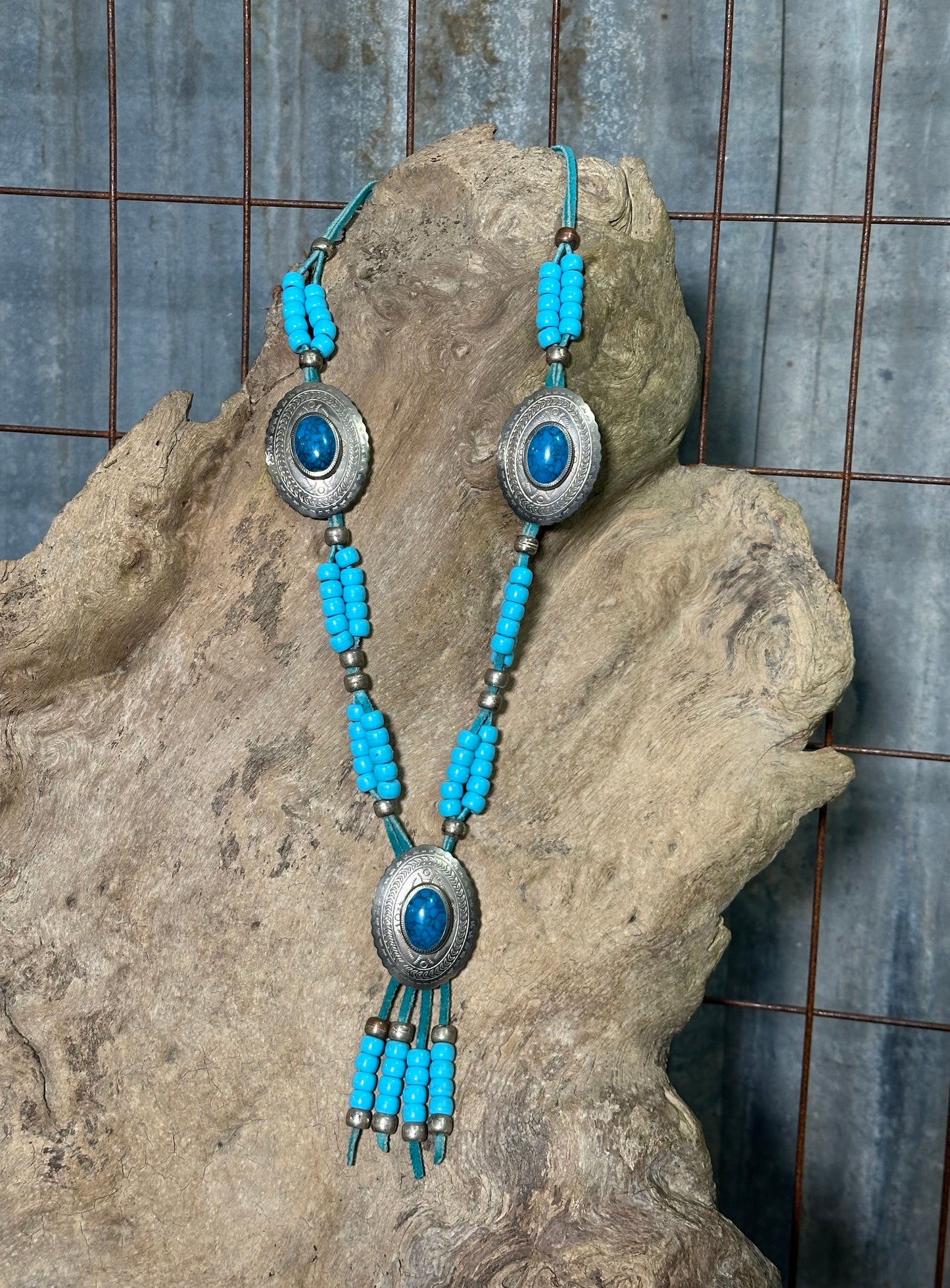 Vintage Turquoise Beaded Concho Necklace