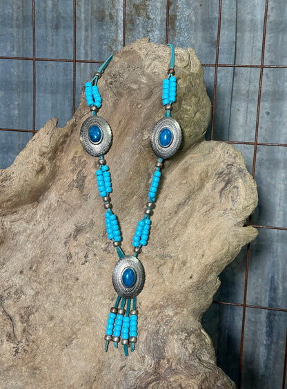 Vintage Turquoise Beaded Concho Necklace