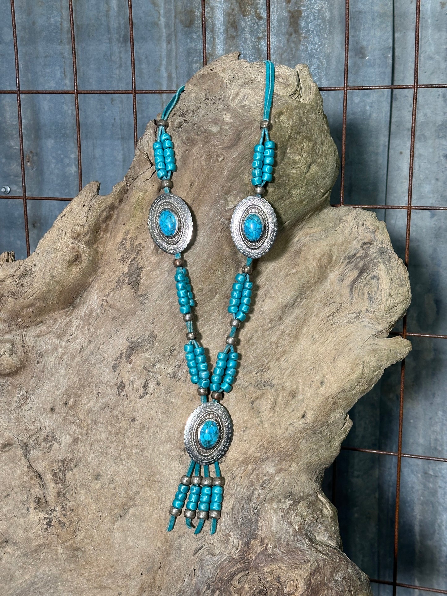 Vintage Turquoise Beaded Concho Necklace