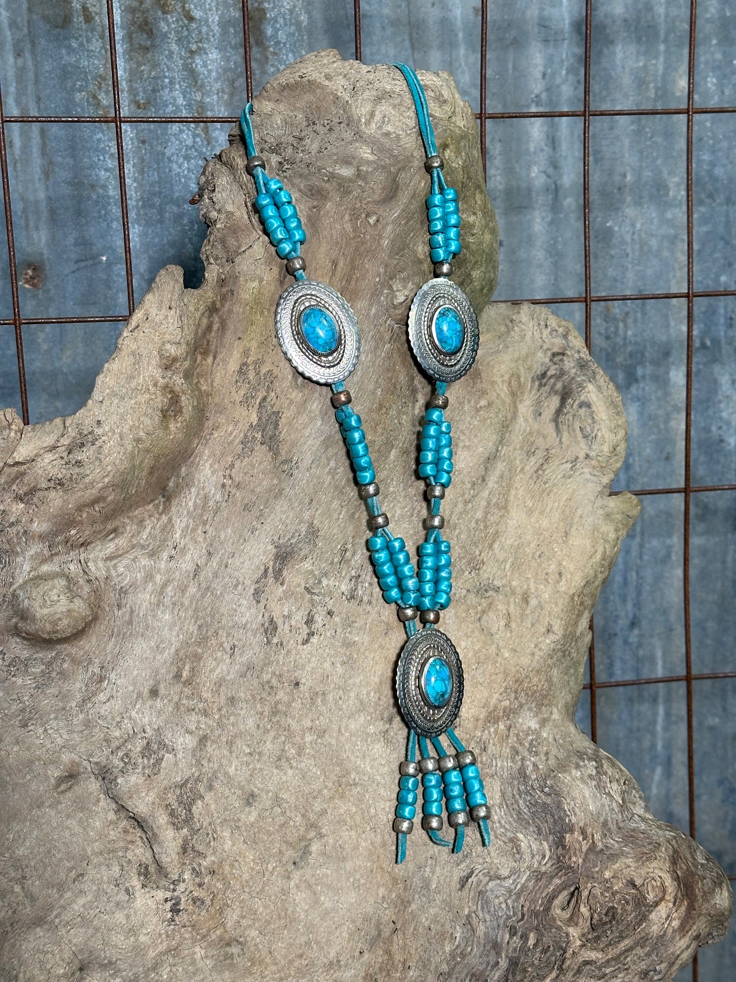 Vintage Turquoise Beaded Concho Necklace