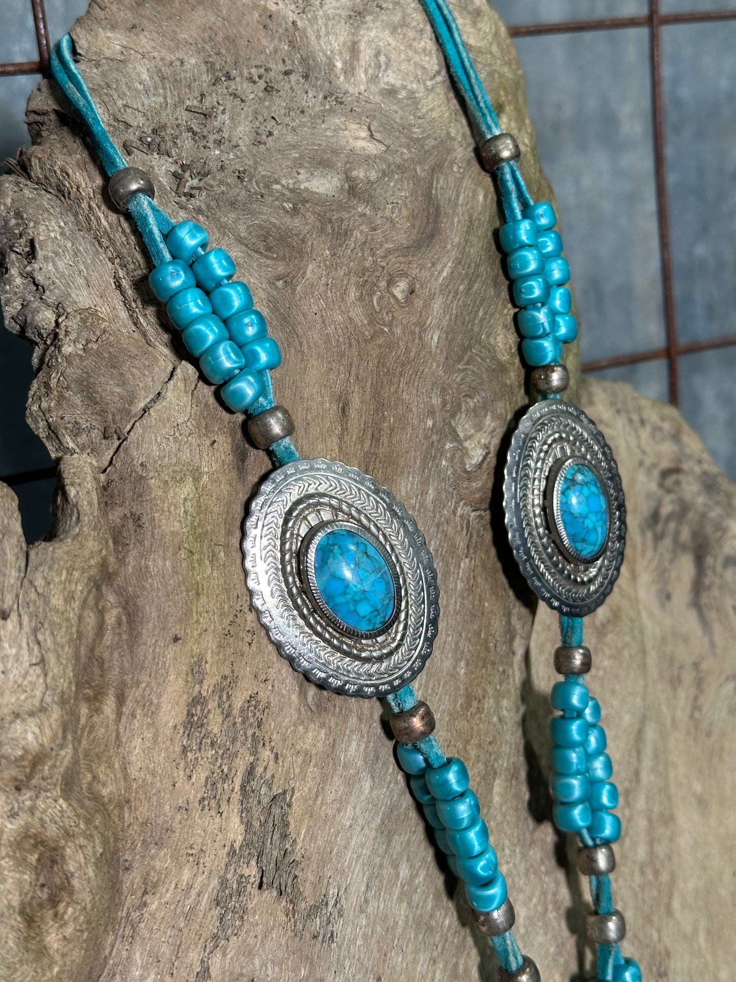 Vintage Turquoise Beaded Concho Necklace