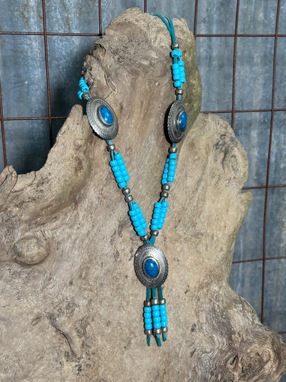 Vintage Turquoise Beaded Concho Necklace