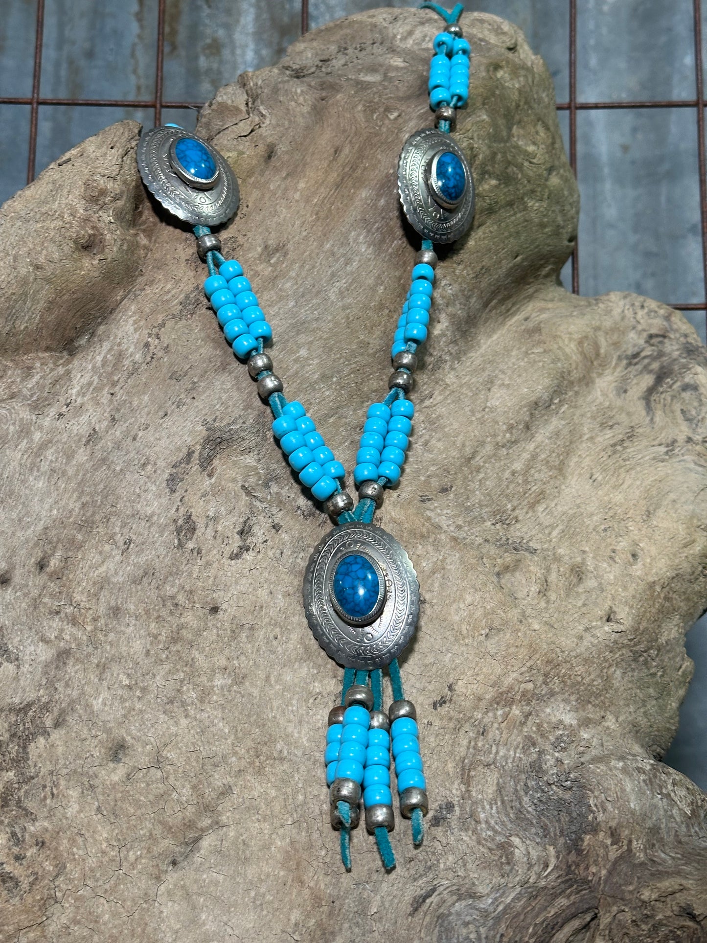 Vintage Turquoise Beaded Concho Necklace