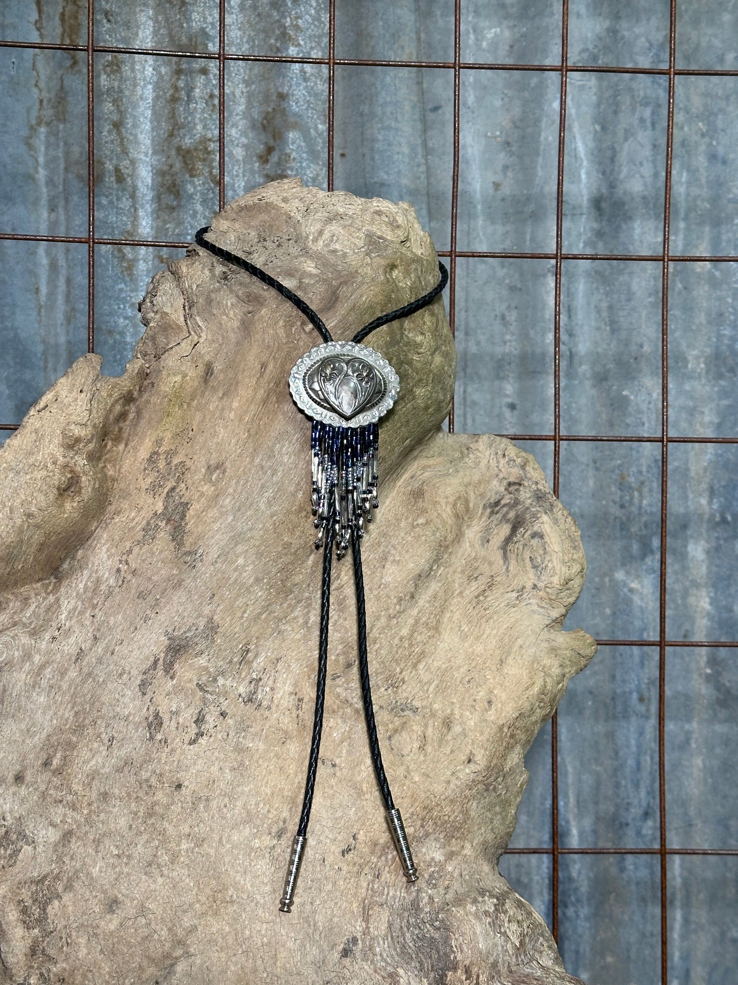 Local Handmade Black Beaded Fringe Heart Bolo Tie