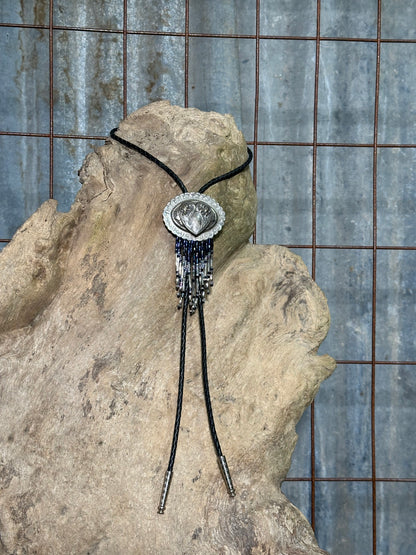 Local Handmade Black Beaded Fringe Heart Bolo Tie