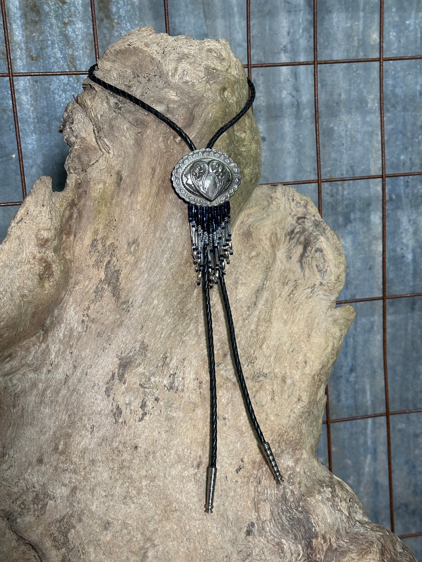 Local Handmade Black Beaded Fringe Heart Bolo Tie