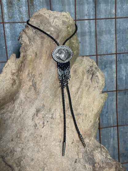 Local Handmade Black Beaded Fringe Heart Bolo Tie