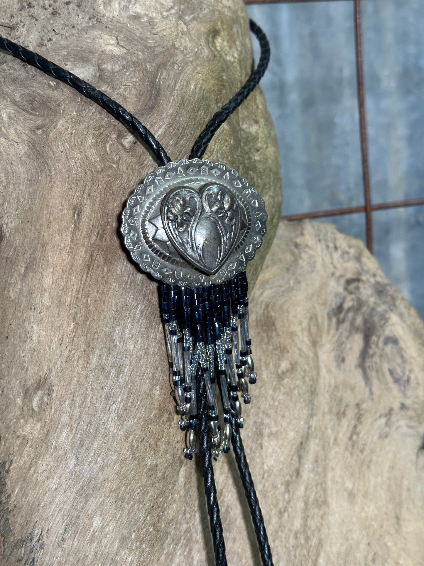 Local Handmade Black Beaded Fringe Heart Bolo Tie