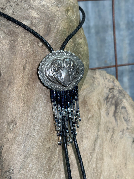 Local Handmade Black Beaded Fringe Heart Bolo Tie