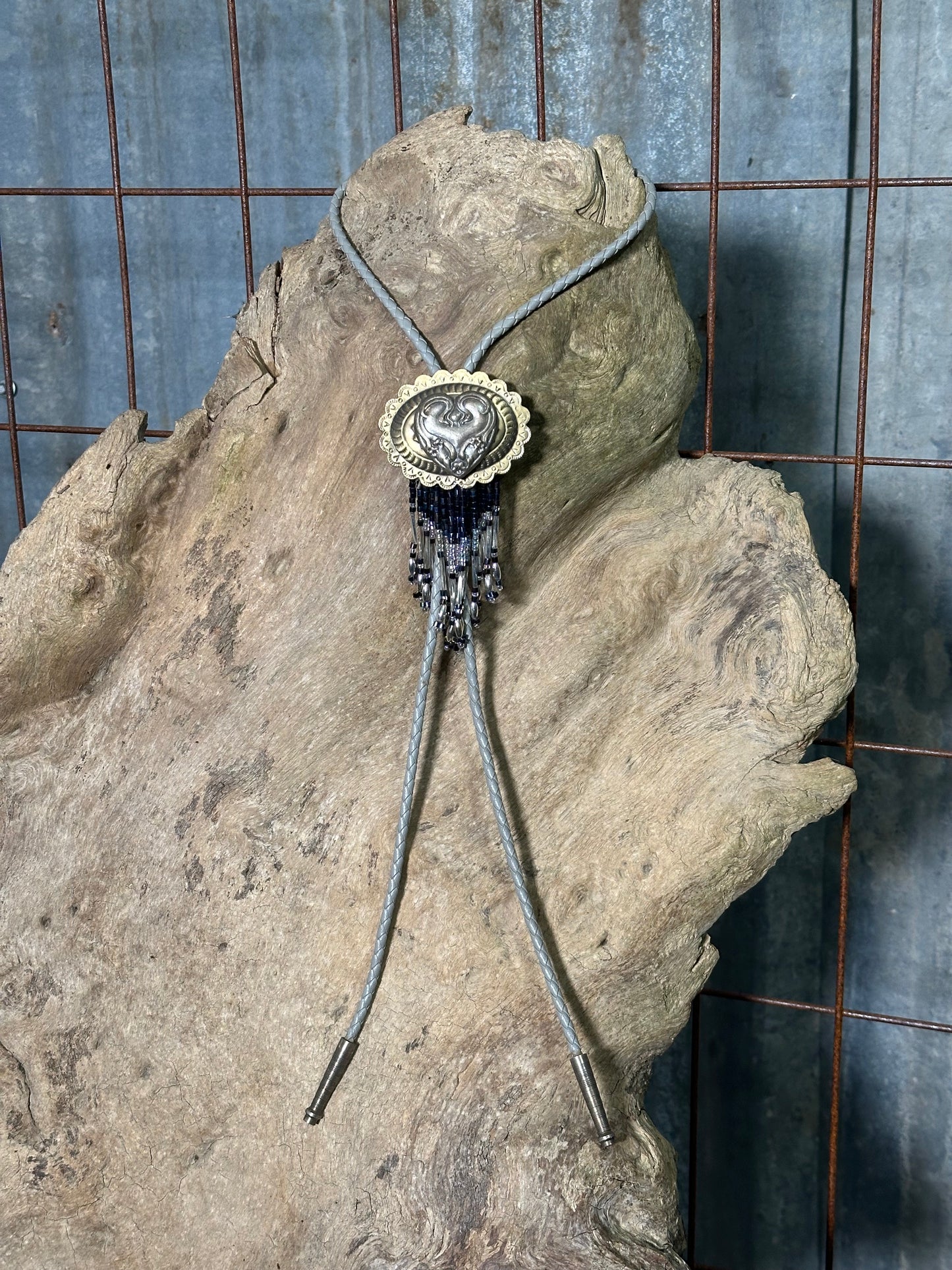 Local Handmade Gray Beaded Fringe Heart Bolo Tie