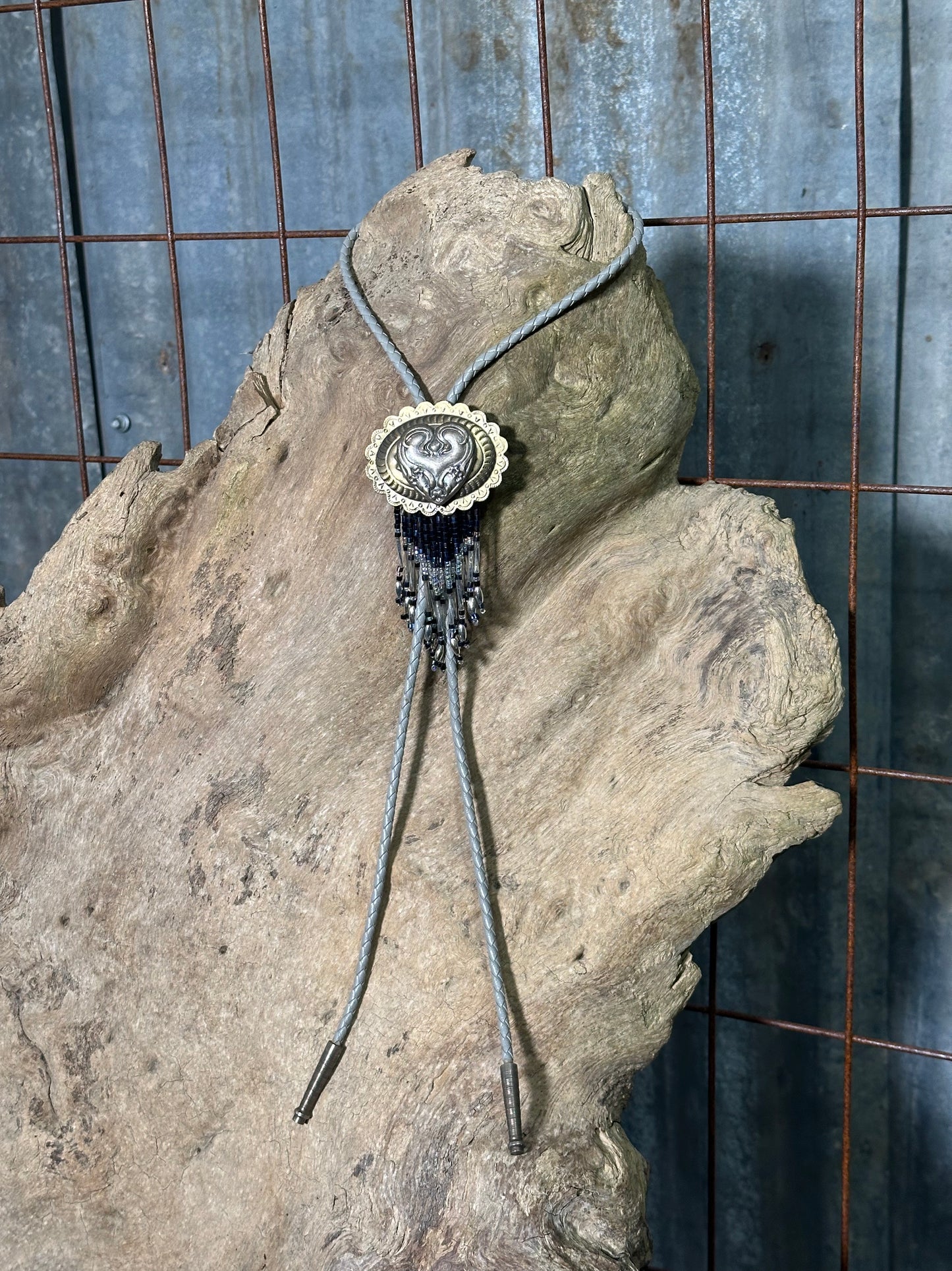 Local Handmade Gray Beaded Fringe Heart Bolo Tie