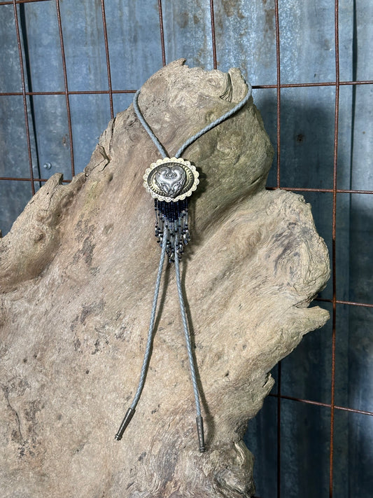 Local Handmade Gray Beaded Fringe Heart Bolo Tie