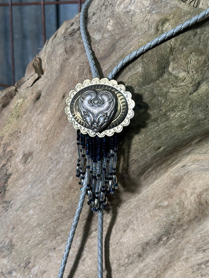Local Handmade Gray Beaded Fringe Heart Bolo Tie