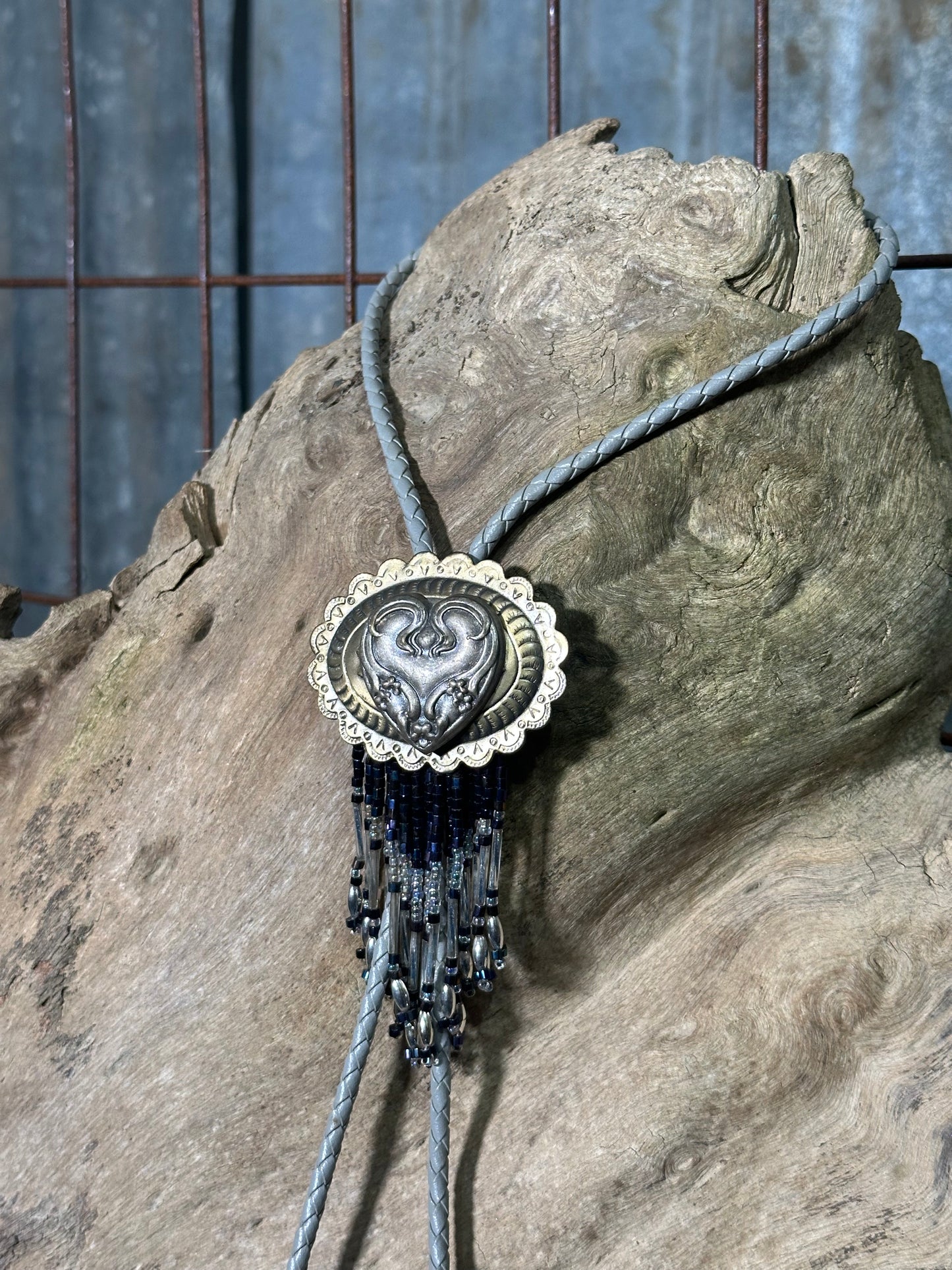 Local Handmade Gray Beaded Fringe Heart Bolo Tie