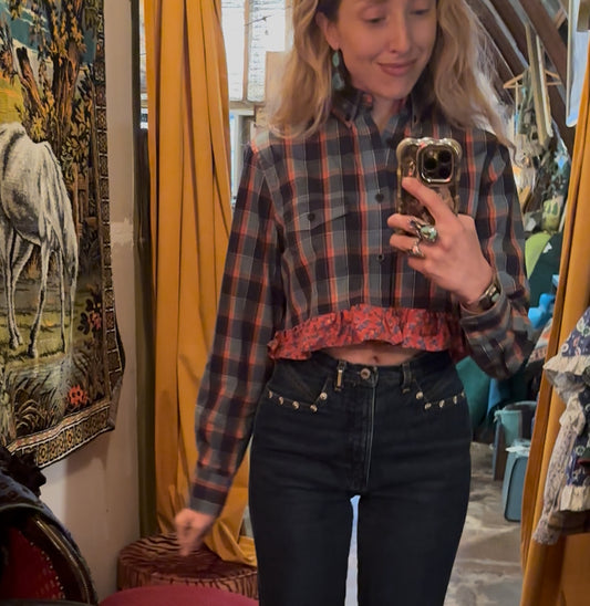 Local Handmade Blue Red Plaid Ruffle LS Top