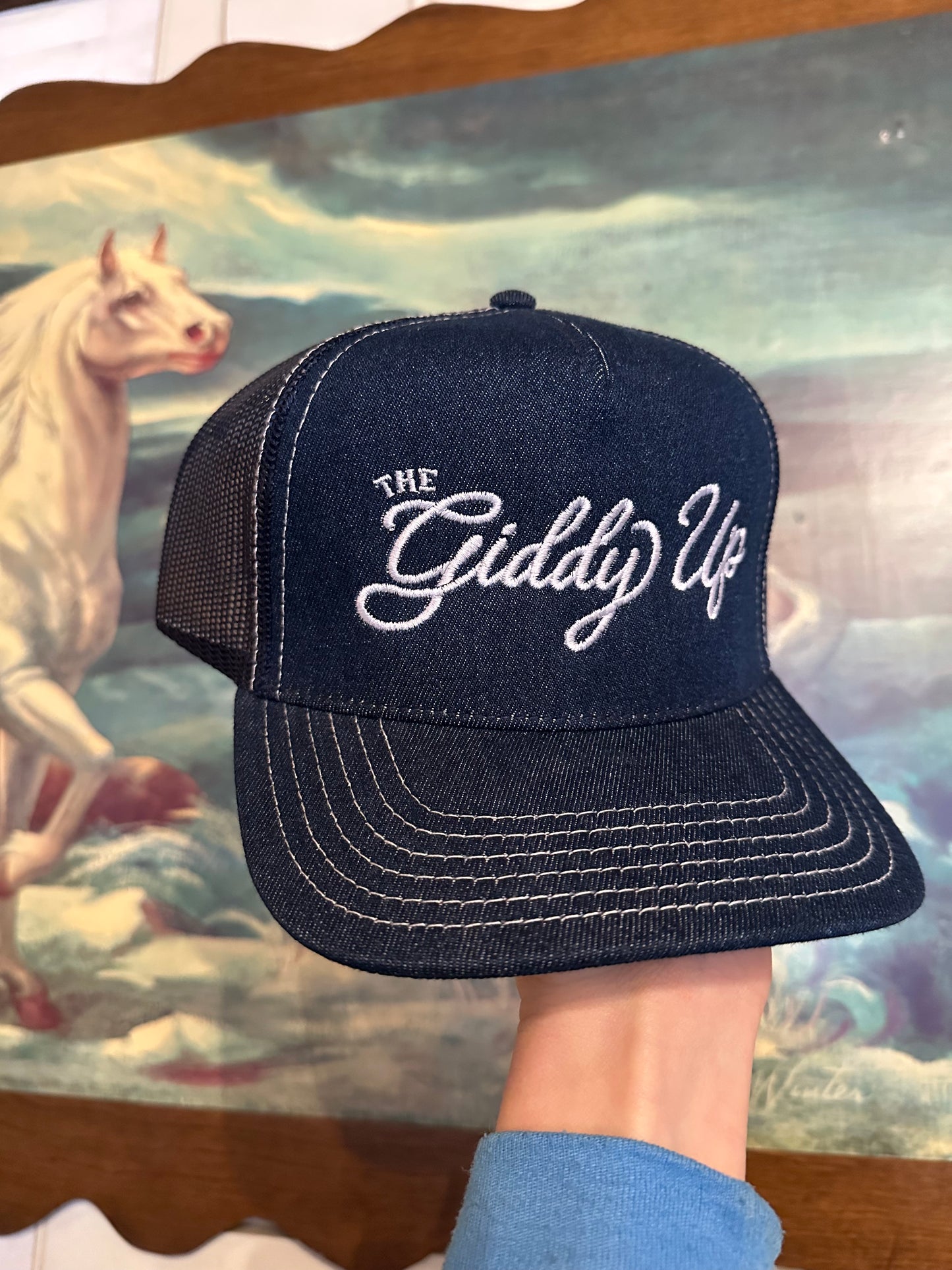 Giddy Up Embroidered Denim Trucker Hat