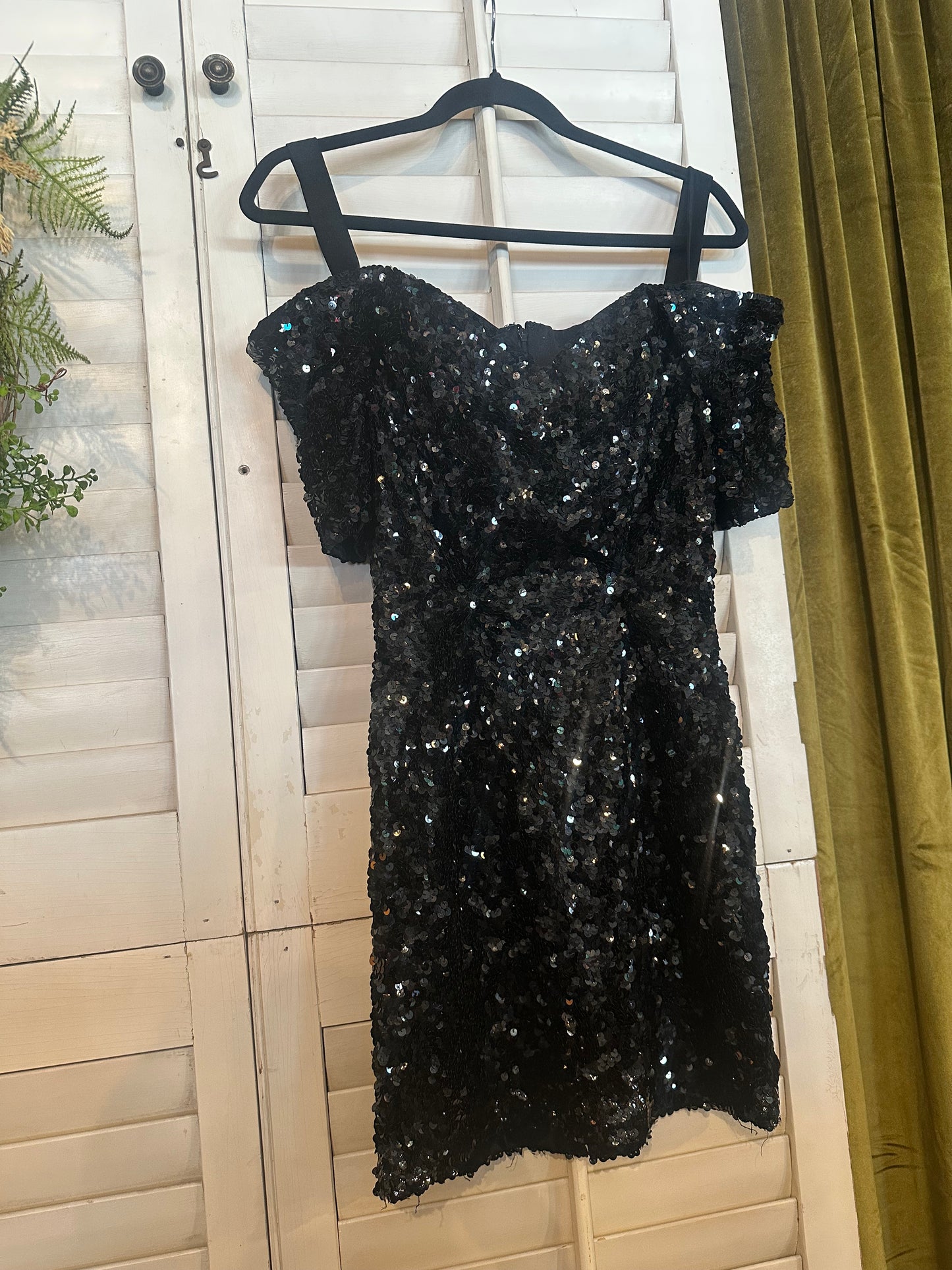 Vintage Black Sequence Off-Shoulder Cocktail Dress