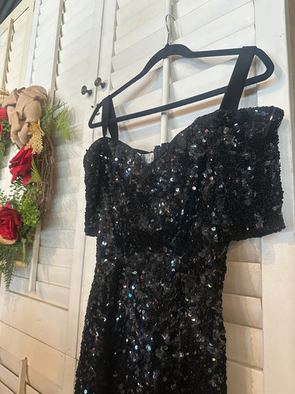 Vintage Black Sequence Off-Shoulder Cocktail Dress