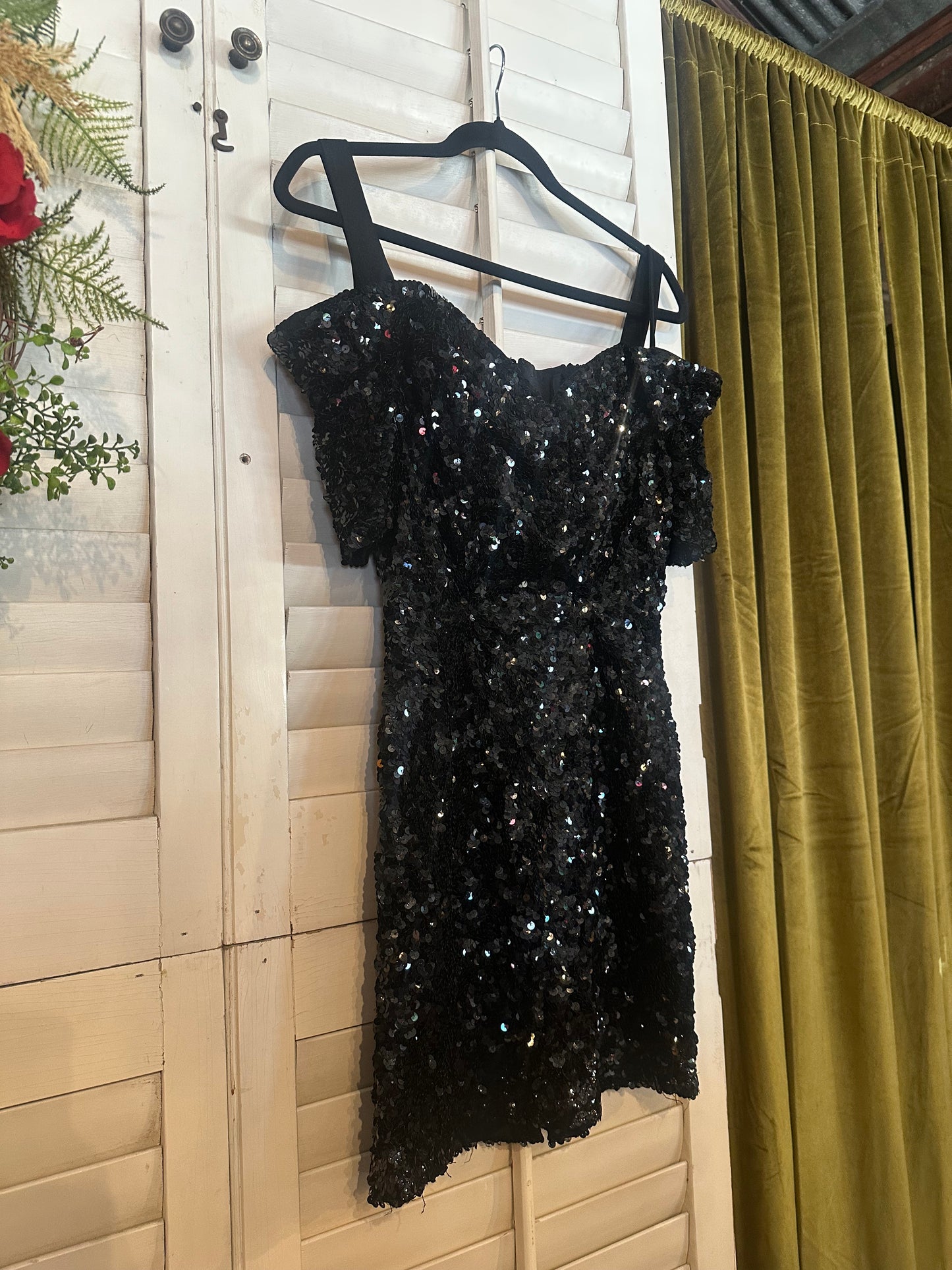Vintage Black Sequence Off-Shoulder Cocktail Dress