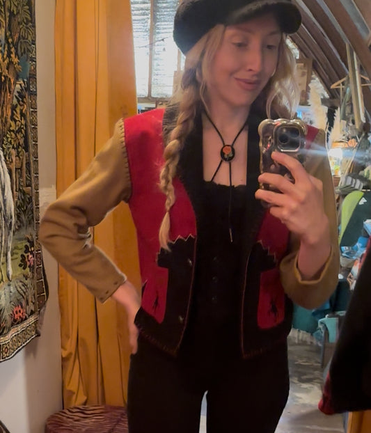 Vintage Red Tan Black Valencia Embroidered Horse Jacket