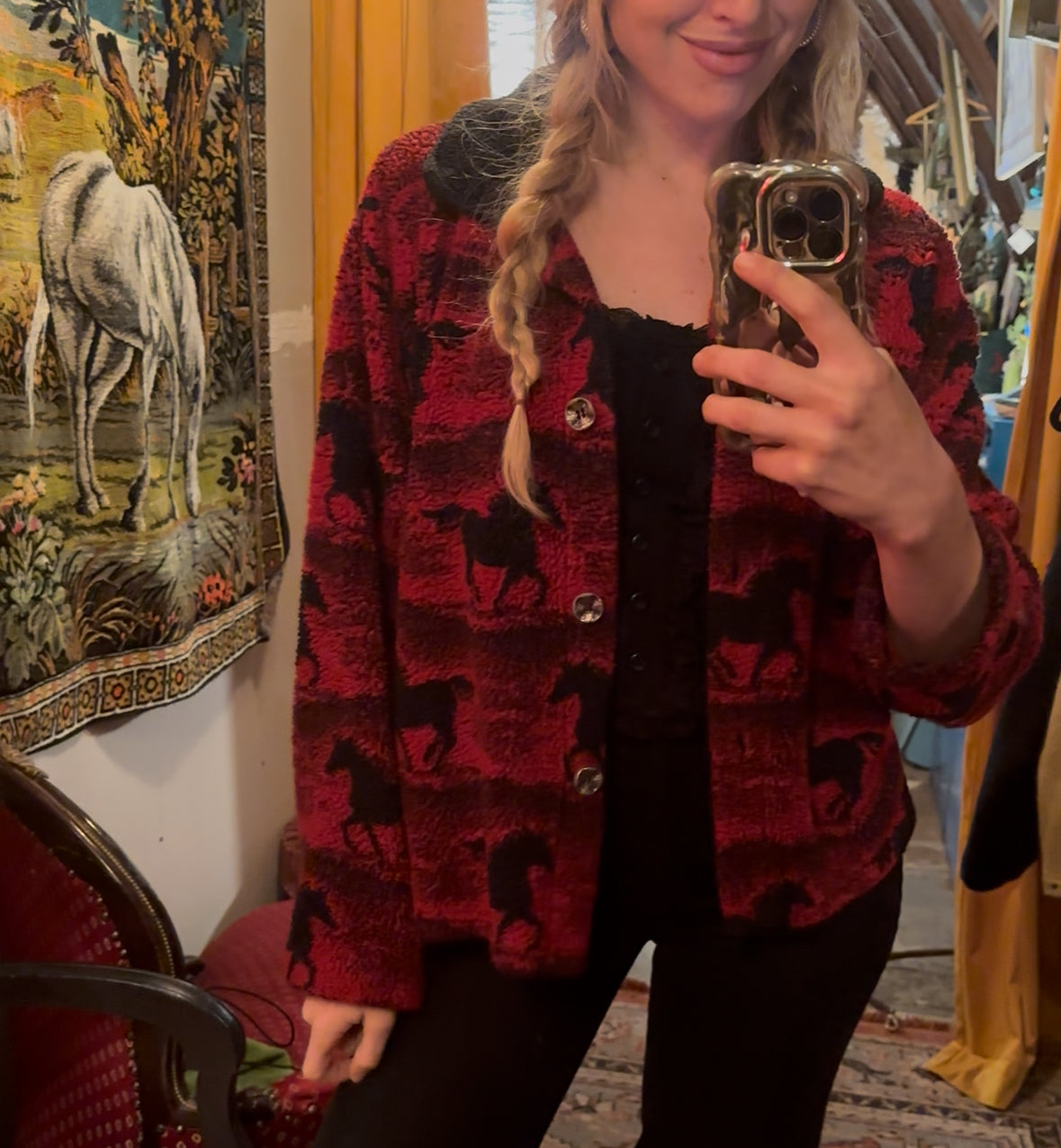 Vintage Red Fuzzy Horse Shacket
