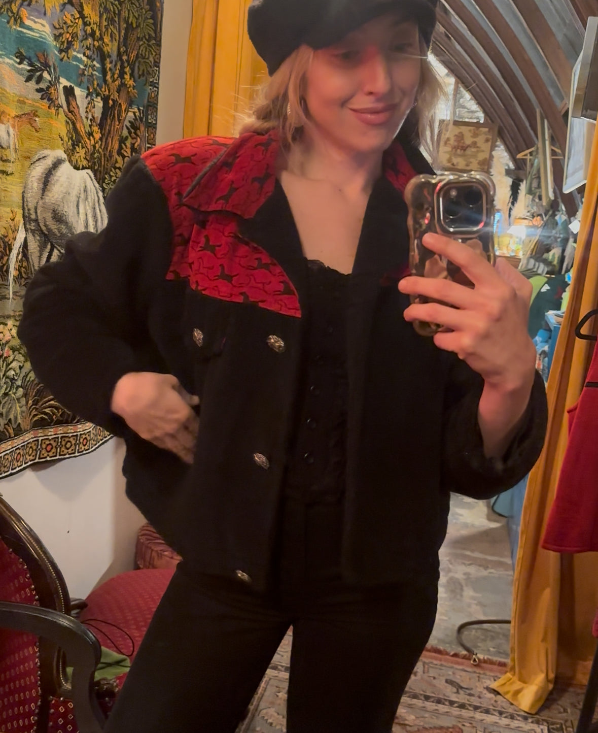 Vintage Black Red Fuzzy Horse Topped Jacket