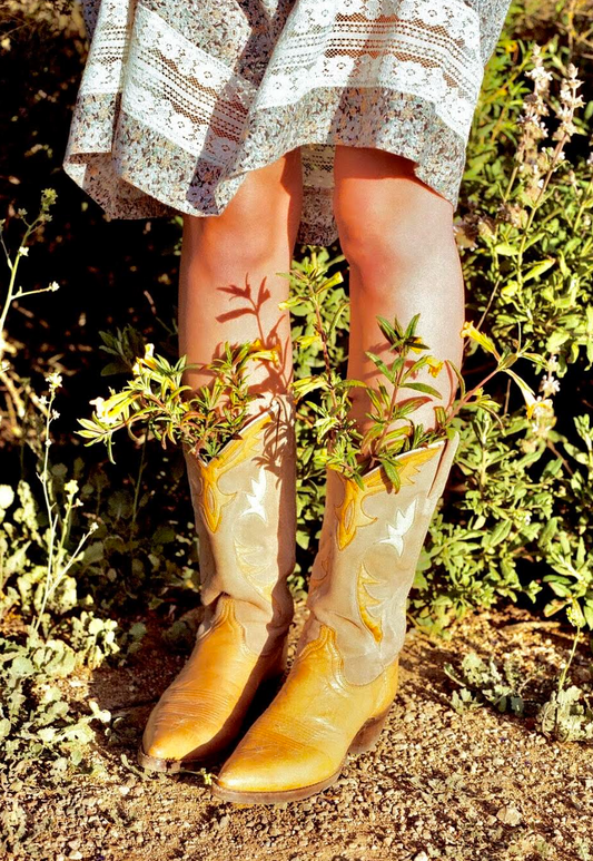 Vintage Dan Post Tan Suede Cream Cowboy Boots