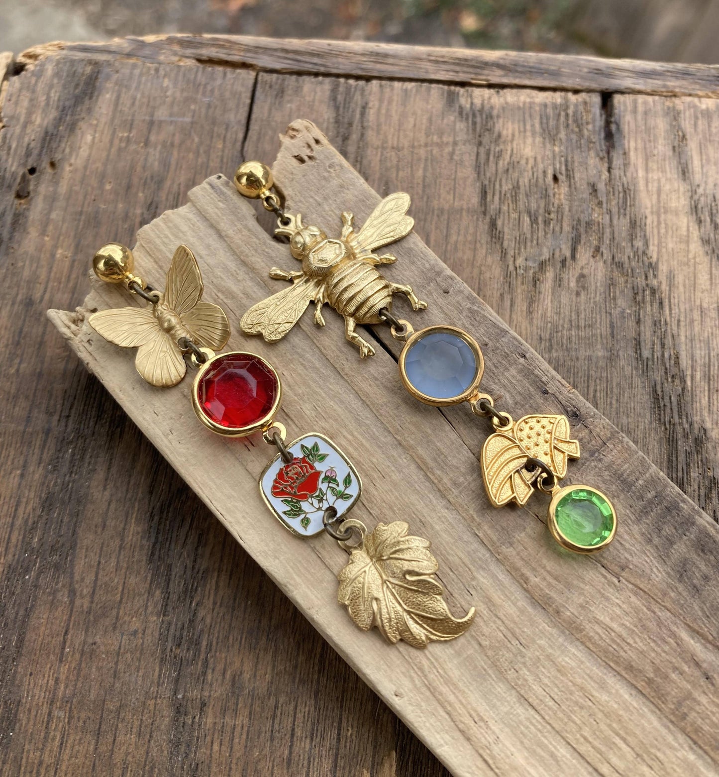 Bee & Leaf Crystal Charm Earrings