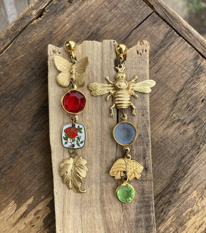 Bee & Leaf Crystal Charm Earrings