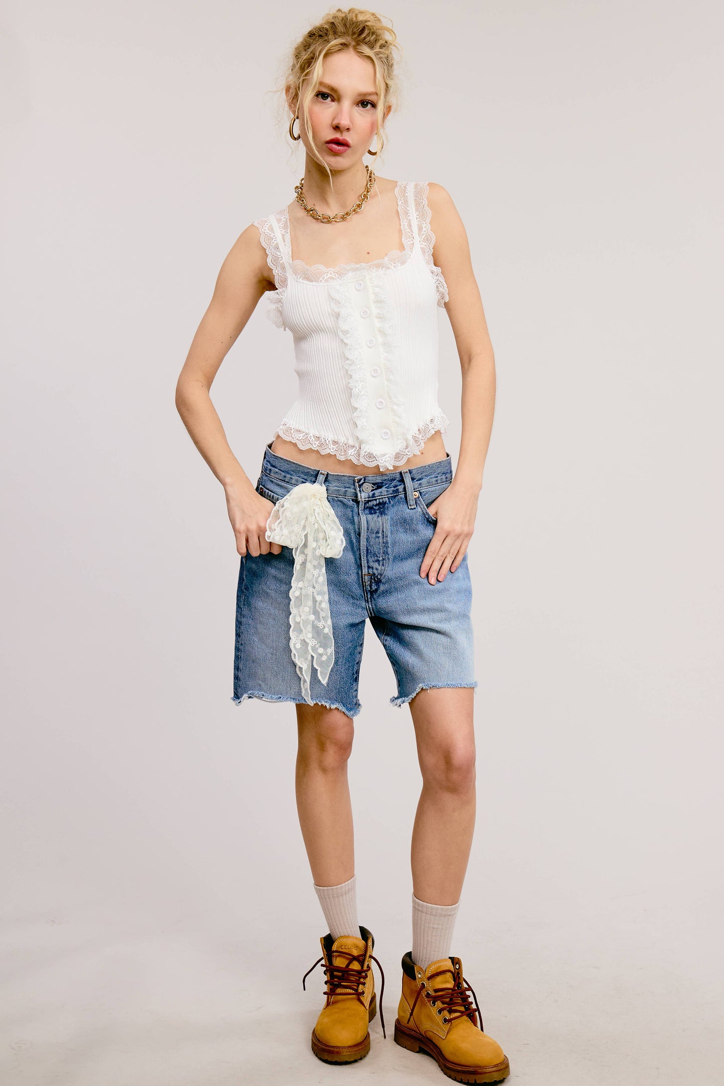 Lace Stretch Button Tank