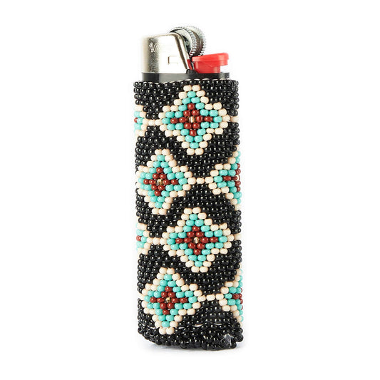 Beaded Lighter Case Turquoise & Black & Red & White