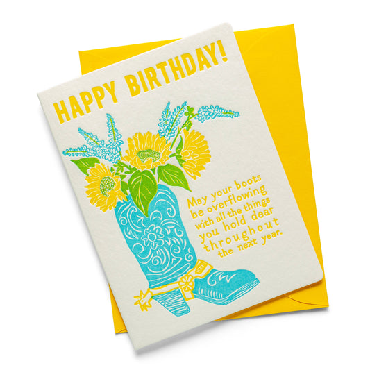 Overflowing Birthday Boots Letterpress Greeting Card