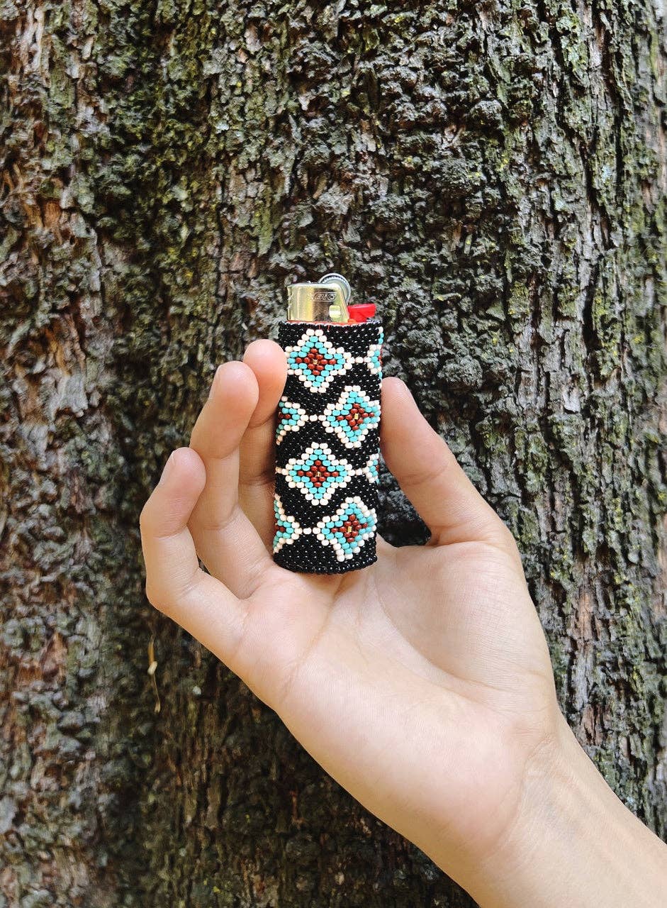 Beaded Lighter Case Turquoise & Black & Red & White