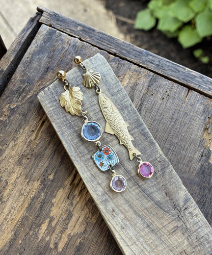 Fish & Leaf Crystal Charm Earrings